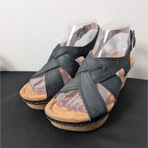 Clarks Wedge Sandals Elleri Rae Black Kork Criss Cross Women's Sz 7